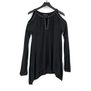 INC International Concepts Studded Cold Shoulder Long Sleeve Shirt Black S